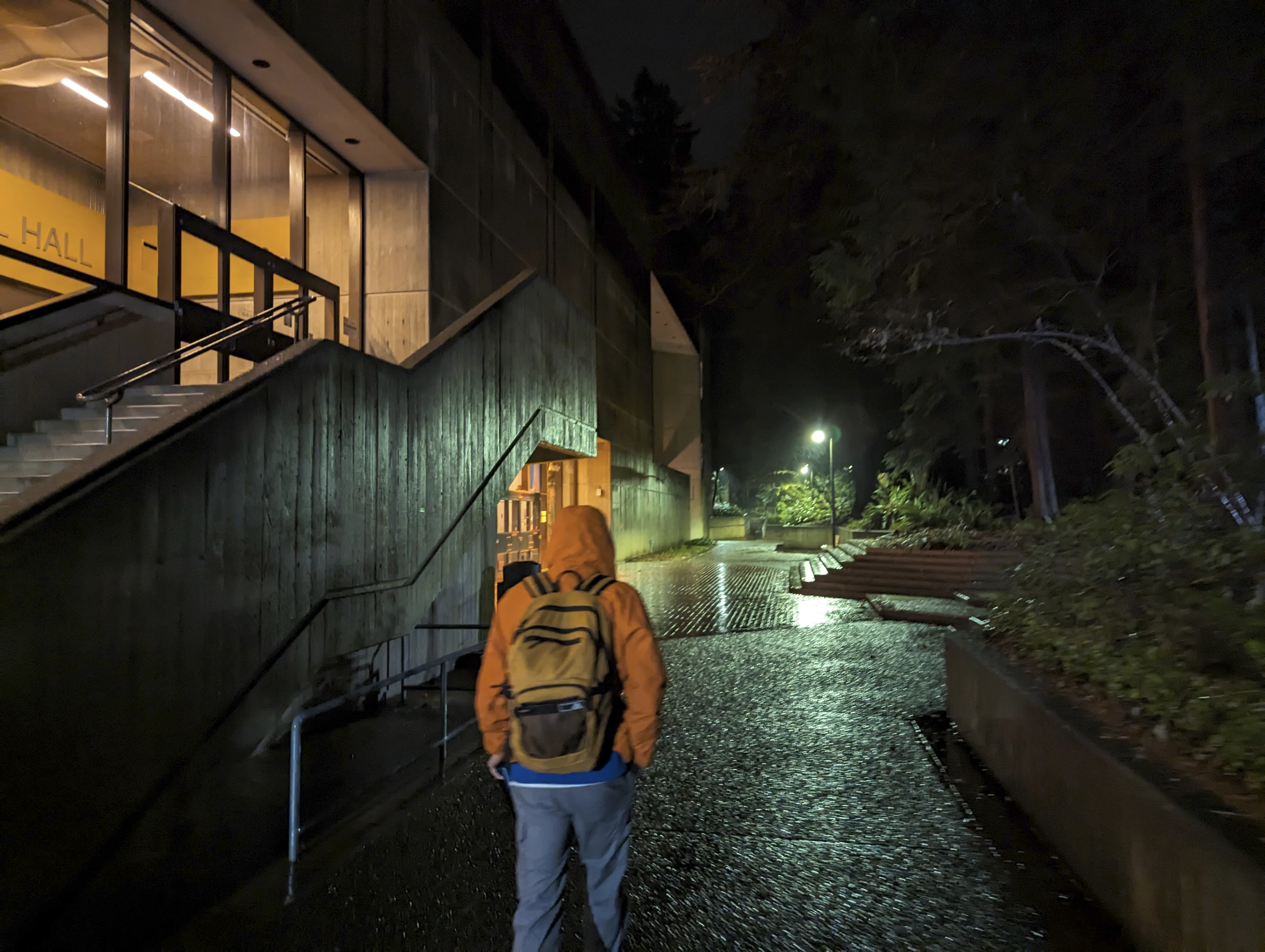 A photograph of a person walking away in a rainy night.